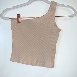 One shoulder, ribbed, tan crop top